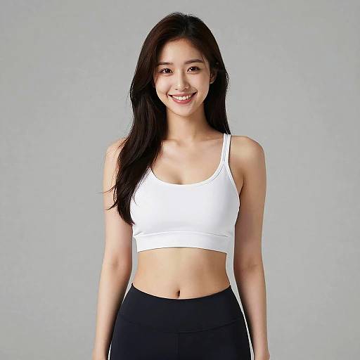 Photograph of a smiling Asian woman with long black hair, wearing a white sports bra and black pants, standing against a plain grey background.