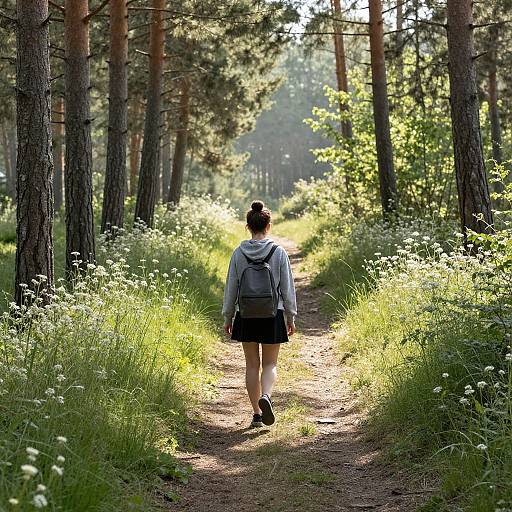 Serene Woman Walking Forest Path