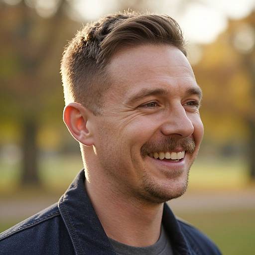 Photograph of a smiling man with short brown hair, trimmed beard, wearing a dark jacket, sunlight illuminating his face in a park.