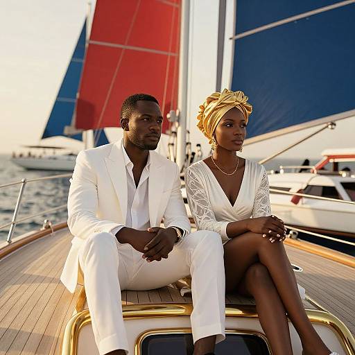 Photograph of a black man and woman in white outfits, sitting on a yacht deck with colorful sailboats in the background. He wears a white suit