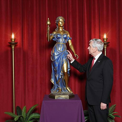 Elegant Man and Golden Statue Display