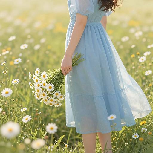 Photograph of a woman in a light blue, sheer dress holding a bouquet of white daisies in a sunlit meadow.