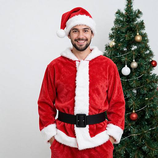 Photograph of a smiling bearded man in a red Santa suit with white trim, black belt, standing in front of a decorated Christmas tree.