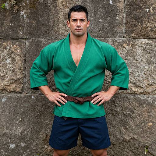 Photograph of muscular man with short dark hair, green gi, black shorts, brown belt, standing confidently against textured stone wall.