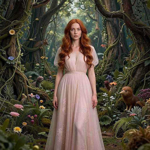 Photograph-style digital artwork of a red-haired woman in a pale pink, sheer dress standing in a lush, enchanted forest with vines, flowers, and