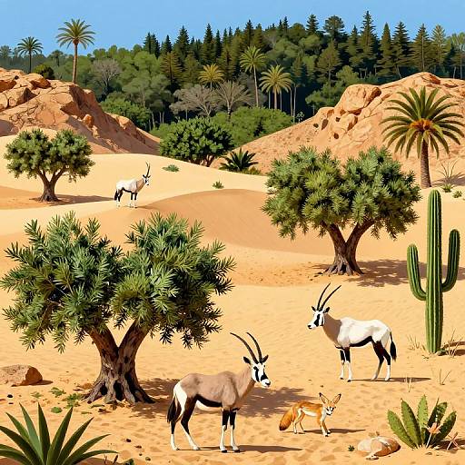 Vibrant digital illustration of an arid desert landscape with two antelopes, a small fox, and lush green trees, palm trees, and
