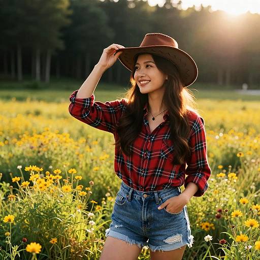Smiling Asian Woman in Sunlit Field