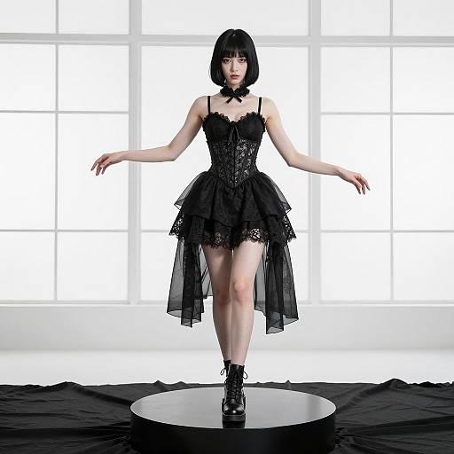 Young Woman in Black Lace Corset Dress Posing on Platform
