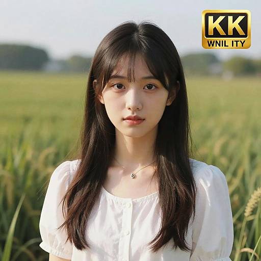 Photograph of an East Asian woman with long black hair, wearing a white blouse, standing in a green field. 