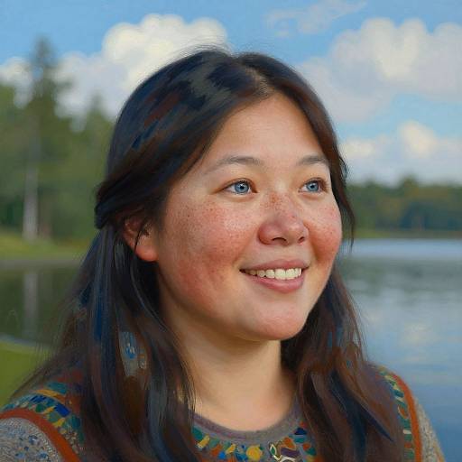 Photograph of a smiling young Asian woman with long black hair, freckled cheeks, wearing a colorful patterned sweater, standing by a lakeside