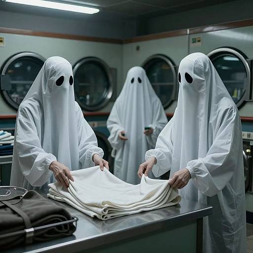 Photograph of three people in white ghost masks with black eyes, folding white cloths in a dimly lit laundry room with circular windows.