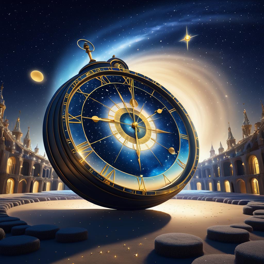 Surreal Giant Clock in Starlit Landscape