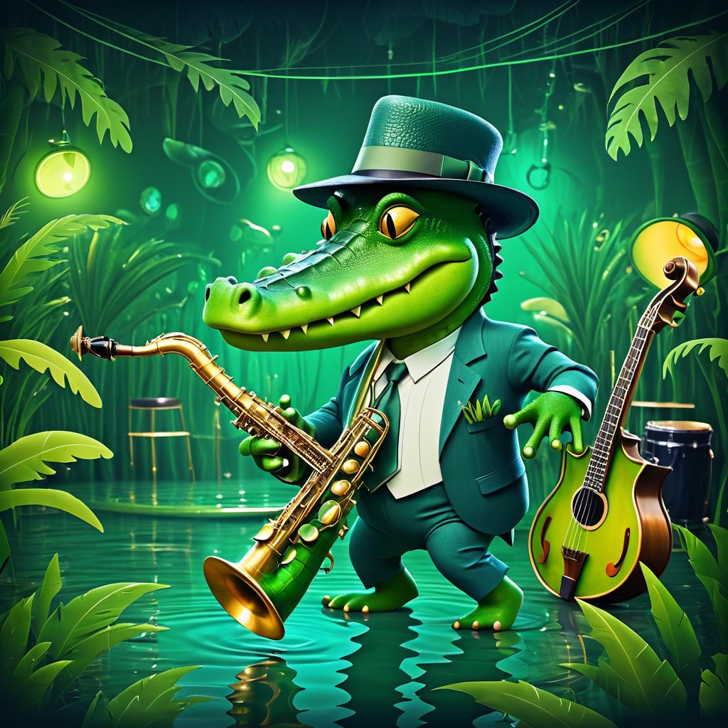 Cool Crocodile Playing Jazz in Swamp Club