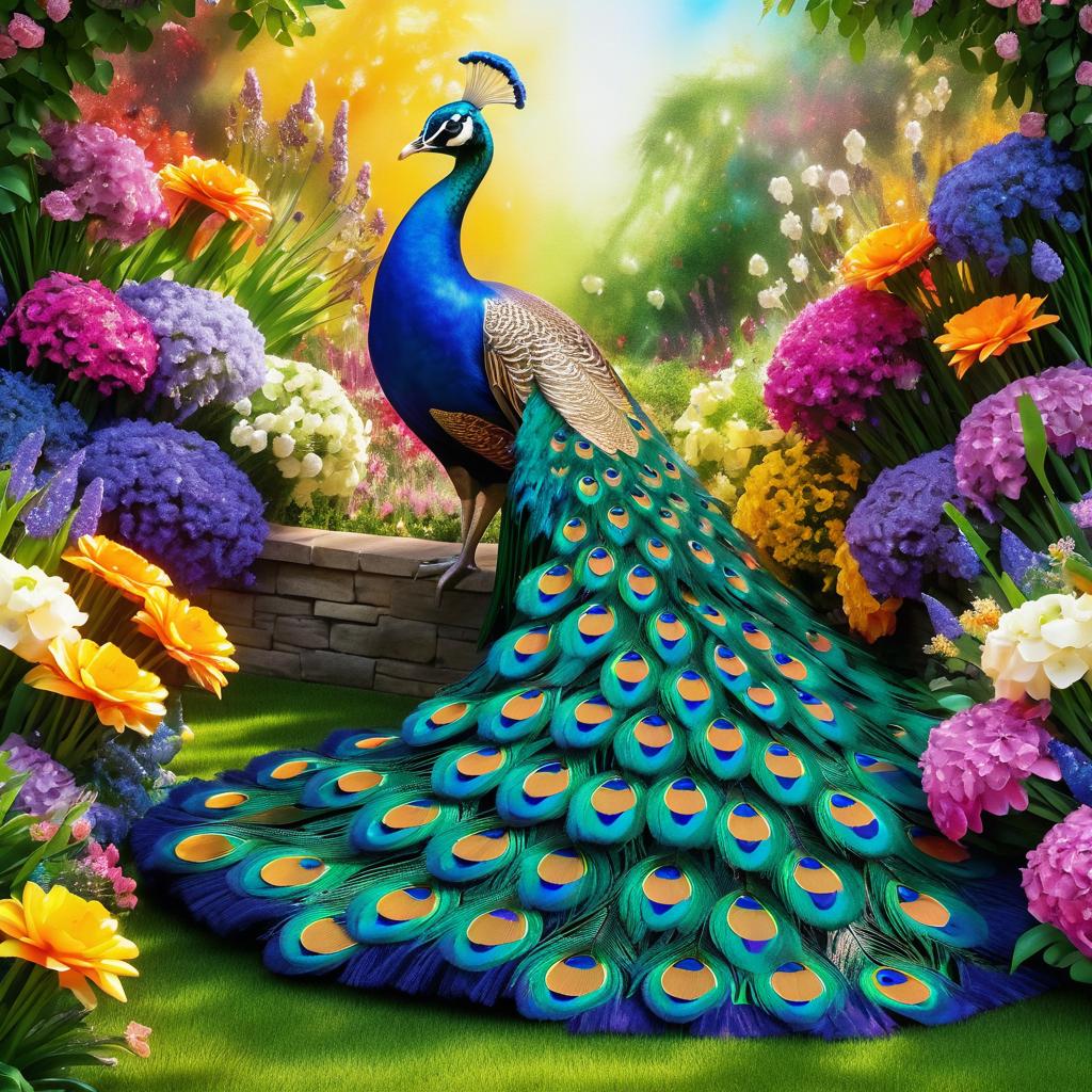 Vibrant Peacock Portrait in Spring Flowers