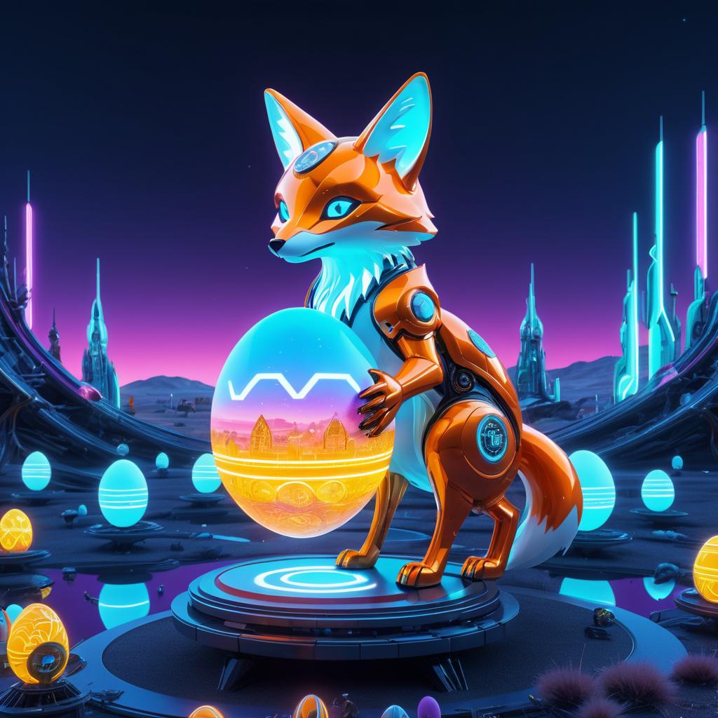 Mechanical Fox with Neon Egg in Futuristic Landscape