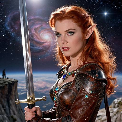 Digital artwork of a red-haired elf woman with pointed ears, holding a sword, wearing ornate armor, against a starry galaxy background with a glowing