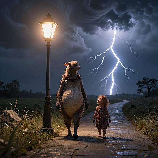 Photograph-like digital art: A tall, furry creature and a small child walk on a stormy, lightning-lit path under a glowing street lamp