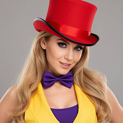 Photograph of a blonde woman with long wavy hair, wearing a bright red top hat, yellow vest, purple bow tie, and purple top,