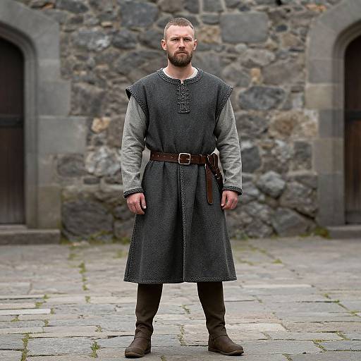 Photograph of bearded man with trimmed hair, wearing medieval-style black tunic, grey long-sleeve shirt, brown belt, boots, standing