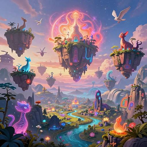 Whimsical fantasy landscape: floating islands with glowing, magical creatures, vibrant neon lights, colorful skies, winding rivers, and mystical architecture. Digital art