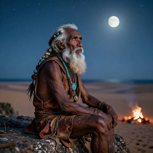 Photograph of an elderly Native American man with white beard, turquoise beads, sitting by a campfire under a full moon in a desert night sky.