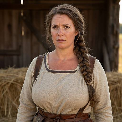 Photograph of a serious middle-aged woman with long braided brown hair, wearing a beige long-sleeve shirt and brown apron, standing in