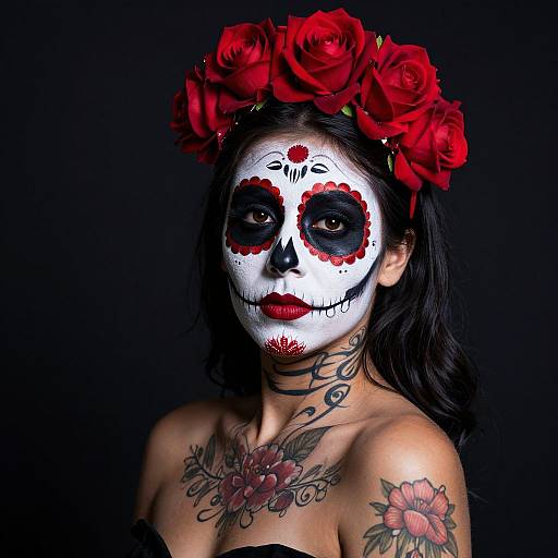Photograph of a woman with black hair, white face paint, red flower tattoos, and black eye makeup, wearing a red rose crown against a black