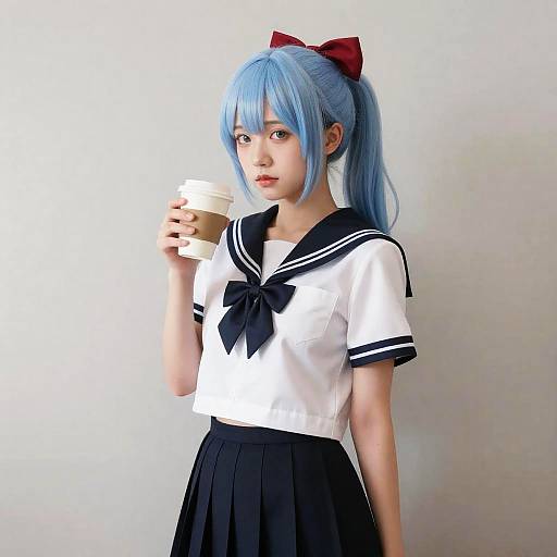 Ayaka in Sailor Uniform with Coffee