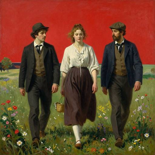 Photograph-style painting of three 19th-century villagers walking in a colorful meadow with a vivid red sky; two men in dark suits, hats