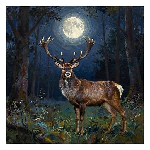 Digital painting of a majestic deer with large antlers standing in a dark, moonlit forest, surrounded by tall trees and lush underbrush. Full moon