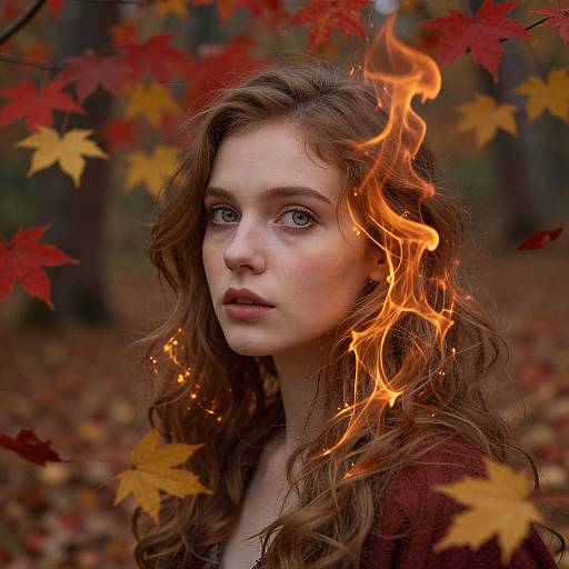 Photograph of a young woman with wavy brown hair, blue eyes, and fiery flames in her hair, surrounded by autumn leaves in a forest.
