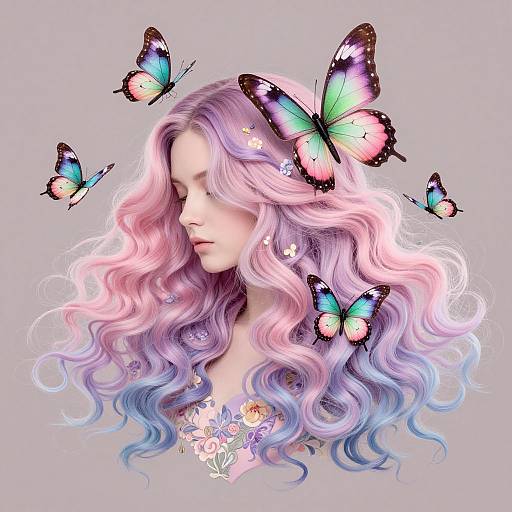 Digital illustration of a fair-skinned woman with long, wavy pink-to-blue hair, surrounded by vibrant, multicolored butterflies, wearing a floral