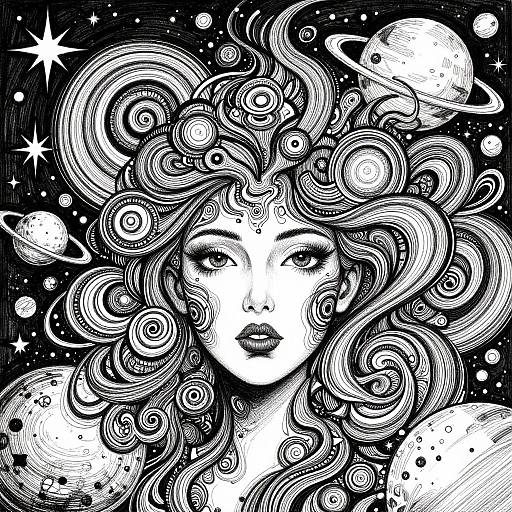 Black-and-white digital drawing of a serene-faced woman with intricate, swirling hair blending into a cosmic background of planets and stars.