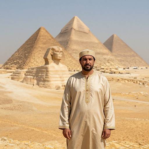 Photograph of a bearded Middle Eastern man in white traditional dishdasha, wearing a white cap, standing in front of Pyramids of Giza