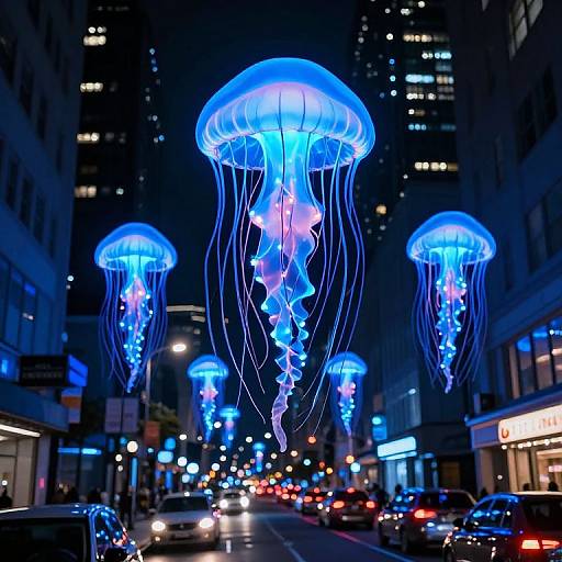 Photograph of a city street at night with glowing blue jellyfish lanterns hanging above, illuminated buildings, and cars with headlights on.