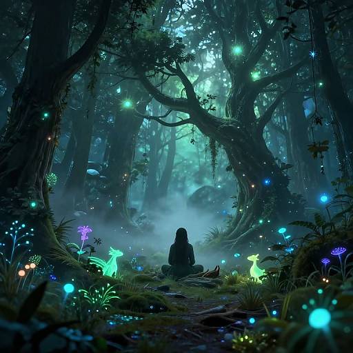 Digital fantasy artwork of a silhouetted figure sitting in a mystical, glowing forest with bioluminescent mushrooms, fireflies, and ethereal