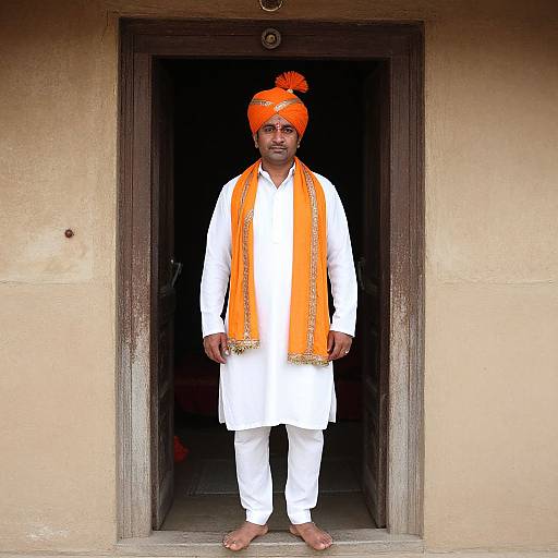 Photograph of a South Asian man standing in a doorway, wearing a white kurta, orange turban, and matching orange scarf, barefoot,