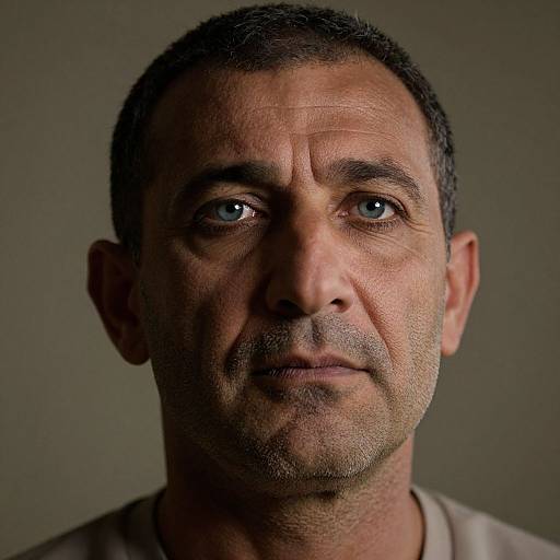 Close-up photograph of a middle-aged man with short, dark hair, light brown skin, blue eyes, and stubble, wearing a beige shirt against