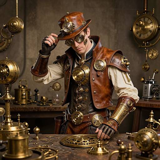 Steampunk inventor in brown leather vest and hat, goggles, brass gears, and gloves, tinkers with clockwork machinery in dimly lit workshop