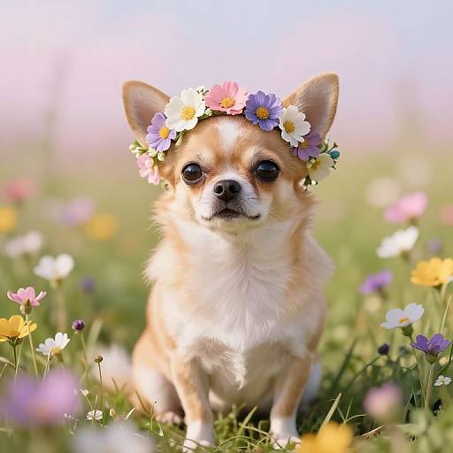 Photograph of a cute, small, tan Chihuahua with a colorful flower crown, sitting in a sunny meadow filled with blooming wild