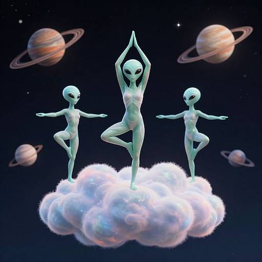 Three alien women in yoga poses on a glowing cloud, surrounded by colorful planets, in a digital, sci-fi artwork.