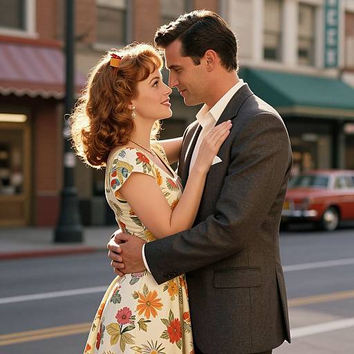 Photograph of a 1950s-style couple, man in dark suit, woman in floral dress, standing close, holding each other, street background