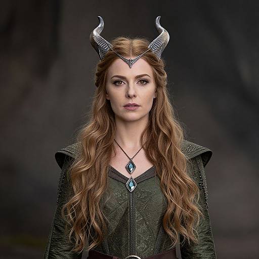 Digital art of a fair-skinned woman with long, wavy auburn hair, wearing a black, ornate dress, silver horned head