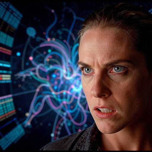 Photograph of intense-eyed, fair-skinned man with short brown hair, set against a dark, abstract background of blue and purple neon lines.