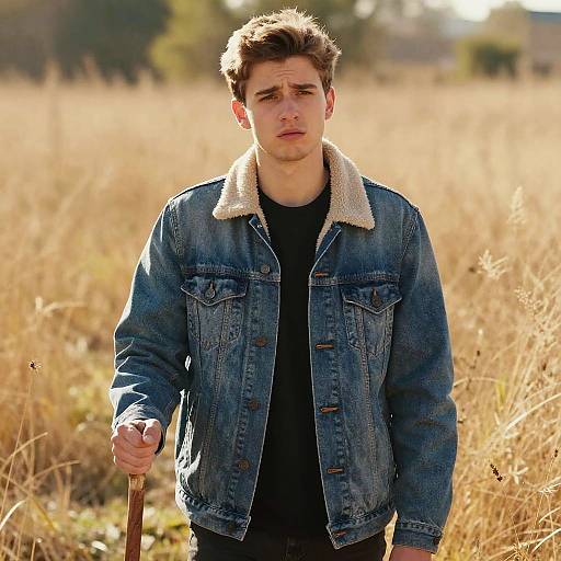 Young man with short brown hair, wearing a denim jacket with sheepskin collar, black shirt, and holding a wooden stick, stands in a sunlit