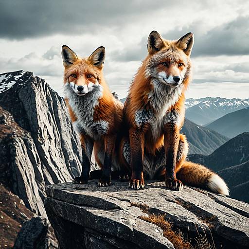 Pair of Foxes on Mountain Cliff