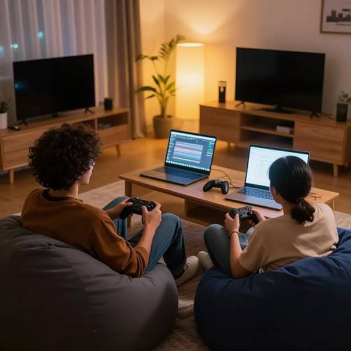 Photograph of two people with curly and straight hair, sitting on bean bags, playing video games on laptops in a cozy, dimly-lit living