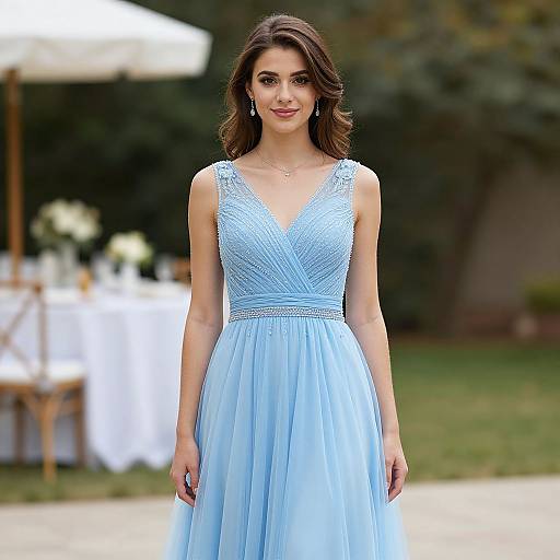 Photograph of a beautiful woman with wavy brown hair, wearing a light blue, sleeveless, V-neck, lace-embellished dress,