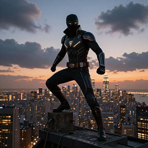 Photorealistic digital artwork of a masked, armored superhero standing on a rooftop at sunset, with a city skyline and illuminated buildings in the background.