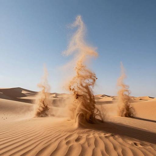 Photograph of a desert with rippling sand dunes, bright orange sandstorm clouds rising from the center, under a clear blue sky.